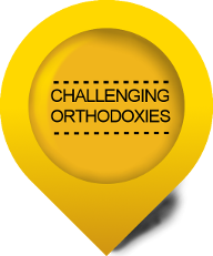 Yellow sign 'Challenging Orthodoxies'